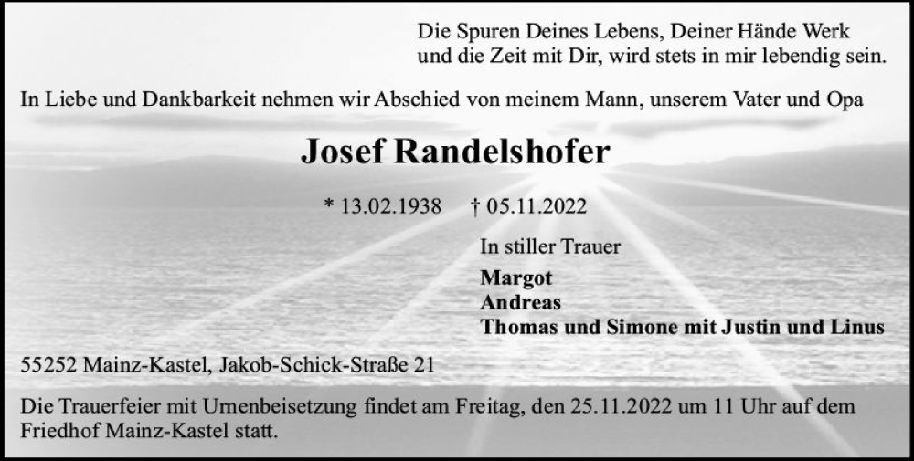  Traueranzeige für Josef Randelshofer vom 19.11.2022 aus vrm-trauer AZ Mainz
