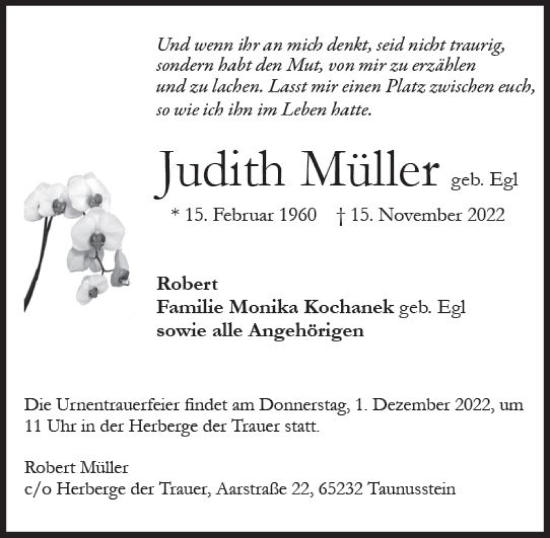 Traueranzeige von Judith Müller von vrm-trauer WK-UTA