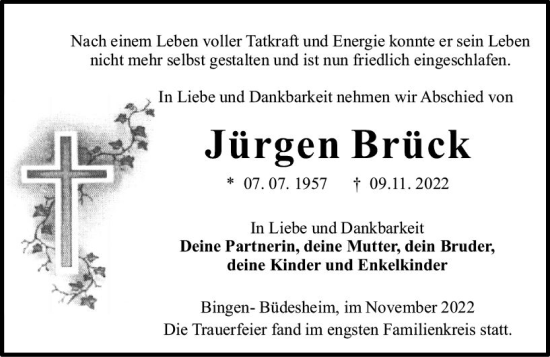 Traueranzeige von Jürgen Brück von vrm-trauer Allgemeine  Zeitung Ingelheim-Bingen