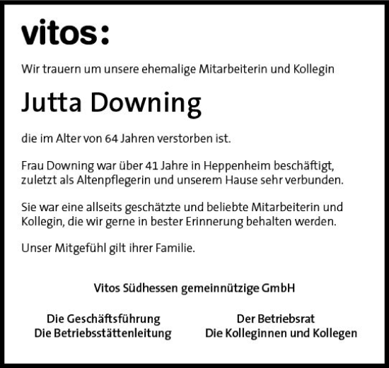 Traueranzeige von Jutta Downing von vrm-trauer Bergsträßer Anzeiger