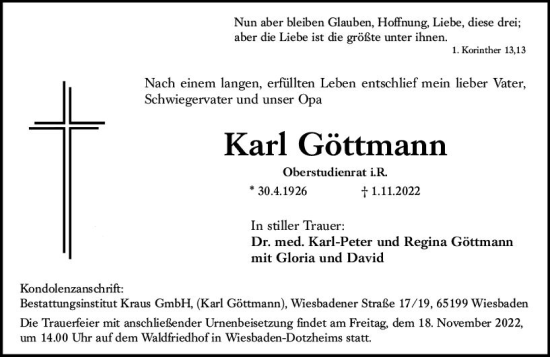 Traueranzeige von Karl Göttmann von vrm-trauer Wiesbadener Kurier