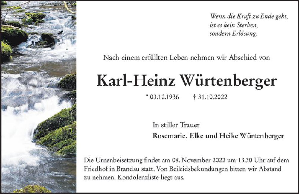  Traueranzeige für Karl-Heinz Würtenberger vom 05.11.2022 aus vrm-trauer Darmstädter Echo
