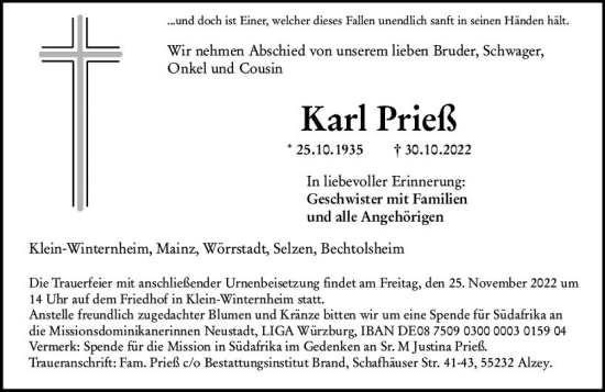 Traueranzeige von Karl Prieß von vrm-trauer Allgemeine Zeitung Alzey