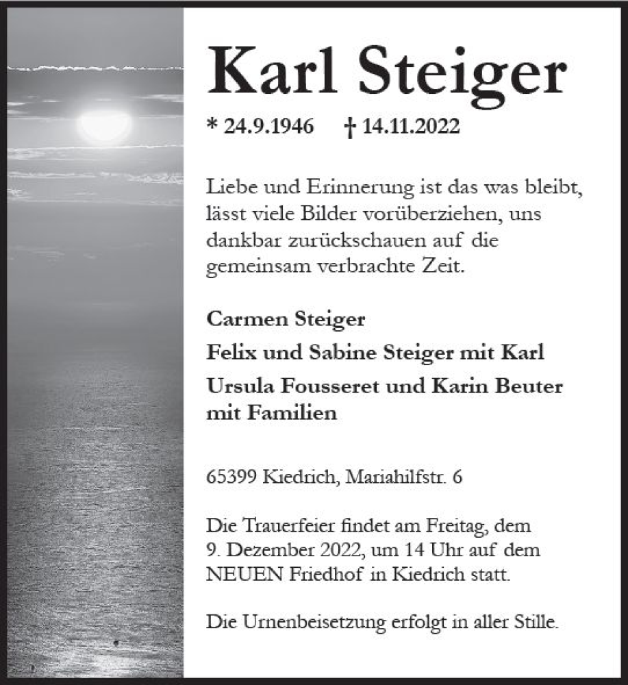  Traueranzeige für Karl Steiger vom 26.11.2022 aus vrm-trauer Rheingau