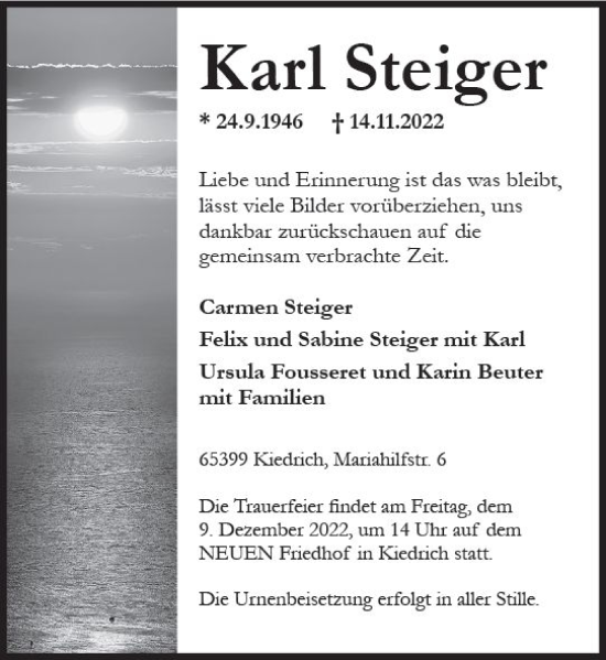 Traueranzeige von Karl Steiger von vrm-trauer Rheingau