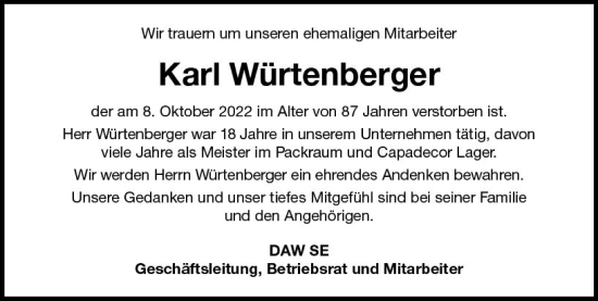 Traueranzeige von Karl Würtenberger von vrm-trauer Darmstädter Echo