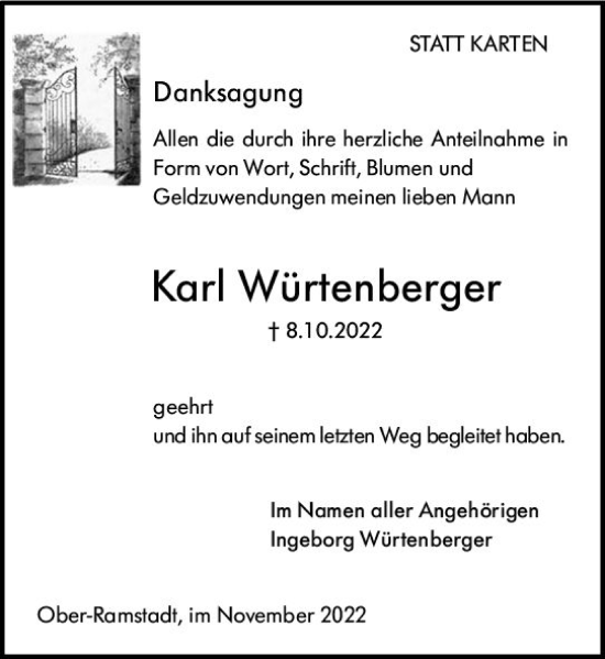 Traueranzeige von Karl Würtenberger von vrm-trauer Darmstädter Echo
