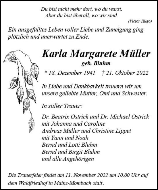 Traueranzeige von Karla Margarete Müller von vrm-trauer AZ Mainz