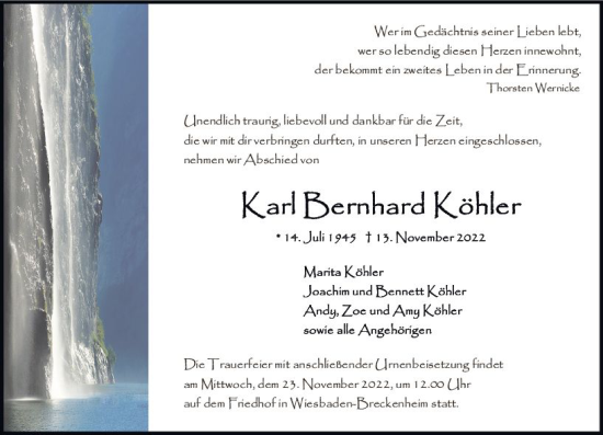 Traueranzeige von Karl Bernhard Köhler von vrm-trauer Wiesbadener Kurier