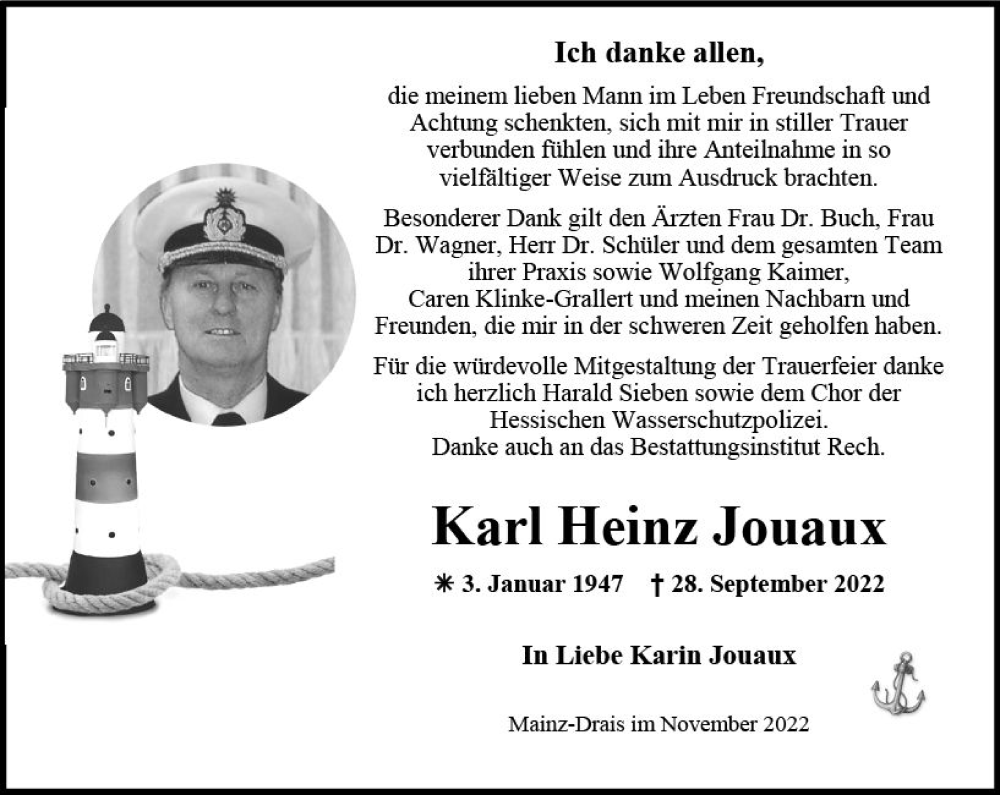  Traueranzeige für Karl Heinz Jouaux vom 12.11.2022 aus vrm-trauer Allgemeine  Zeitung Ingelheim-Bingen