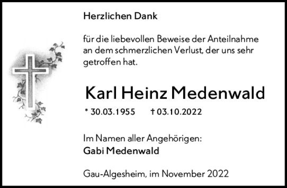  Traueranzeige für Karl Heinz Medenwald vom 26.11.2022 aus vrm-trauer Allgemeine  Zeitung Ingelheim-Bingen