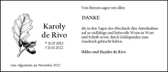 Traueranzeige von Karoly de Rivo von vrm-trauer Allgemeine  Zeitung Ingelheim-Bingen