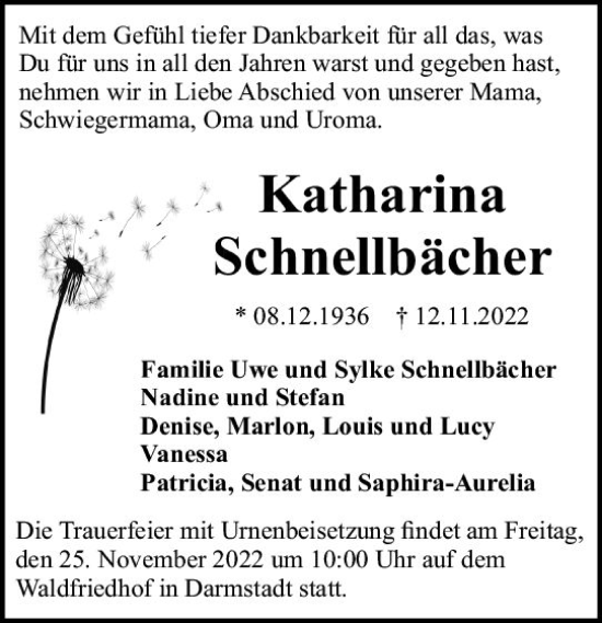 Traueranzeige von Katharina Schnellbächer von vrm-trauer Darmstädter Echo