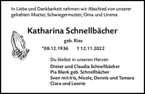 Traueranzeige von Katharina Schnellbächer von vrm-trauer Darmstädter Echo
