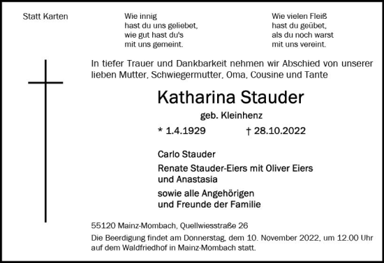 Traueranzeige von Katharina Stauder von vrm-trauer AZ Mainz