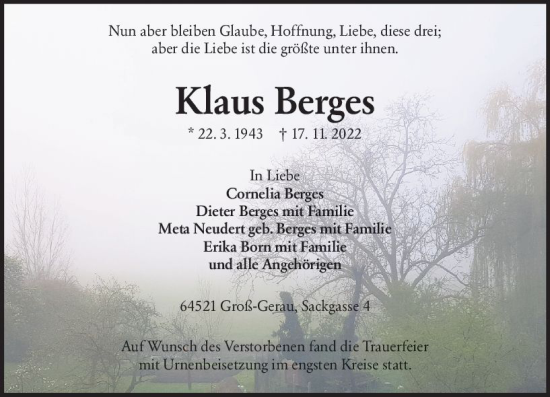Traueranzeige von Klaus Berges von vrm-trauer Groß-Gerauer Echo