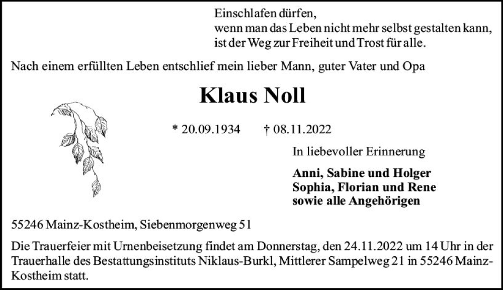  Traueranzeige für Klaus Noll vom 19.11.2022 aus vrm-trauer AZ Mainz