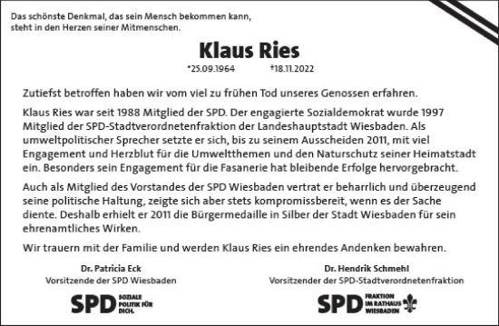 Traueranzeige von Klaus Ries von vrm-trauer Wiesbadener Kurier