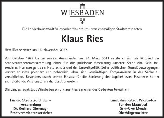 Traueranzeige von Klaus Ries von vrm-trauer Wiesbadener Kurier