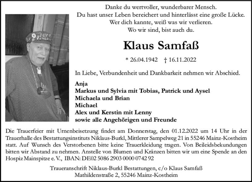  Traueranzeige für Klaus Samfaß vom 26.11.2022 aus vrm-trauer AZ Mainz