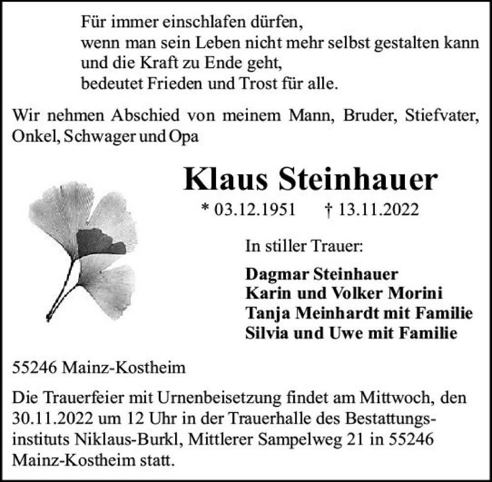  Traueranzeige für Klaus Steinhauer vom 26.11.2022 aus vrm-trauer AZ Mainz