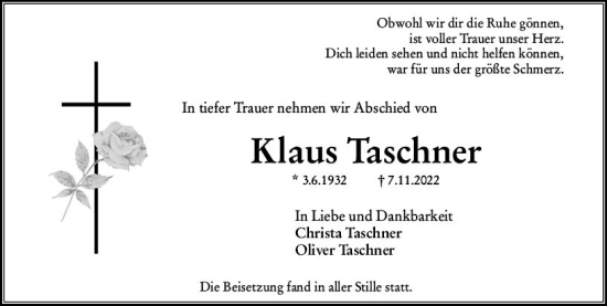 Traueranzeige von Klaus Taschner von vrm-trauer Wiesbadener Kurier