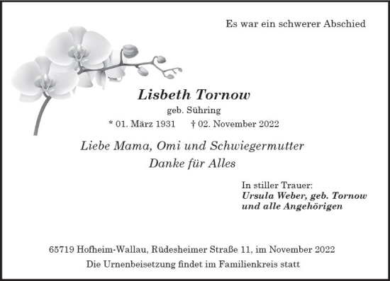 Traueranzeige von Lisbeth Tornow von vrm-trauer Wiesbadener Kurier