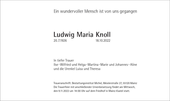 Traueranzeige von Ludwig Maria Knoll von vrm-trauer AZ Mainz