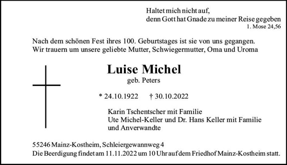  Traueranzeige für Luise Michel vom 05.11.2022 aus vrm-trauer AZ Mainz