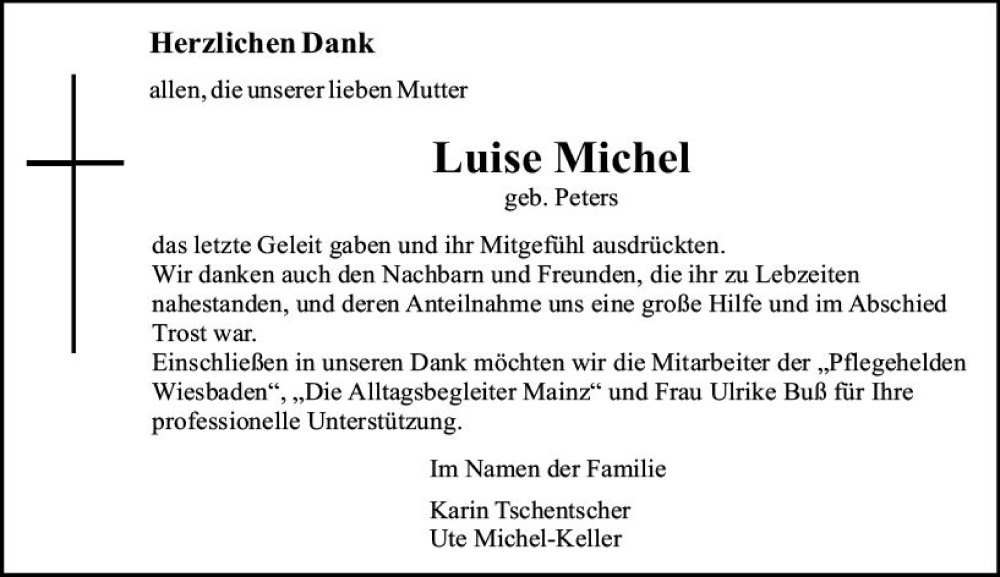 Traueranzeige für Luise Michel vom 26.11.2022 aus vrm-trauer AZ Mainz