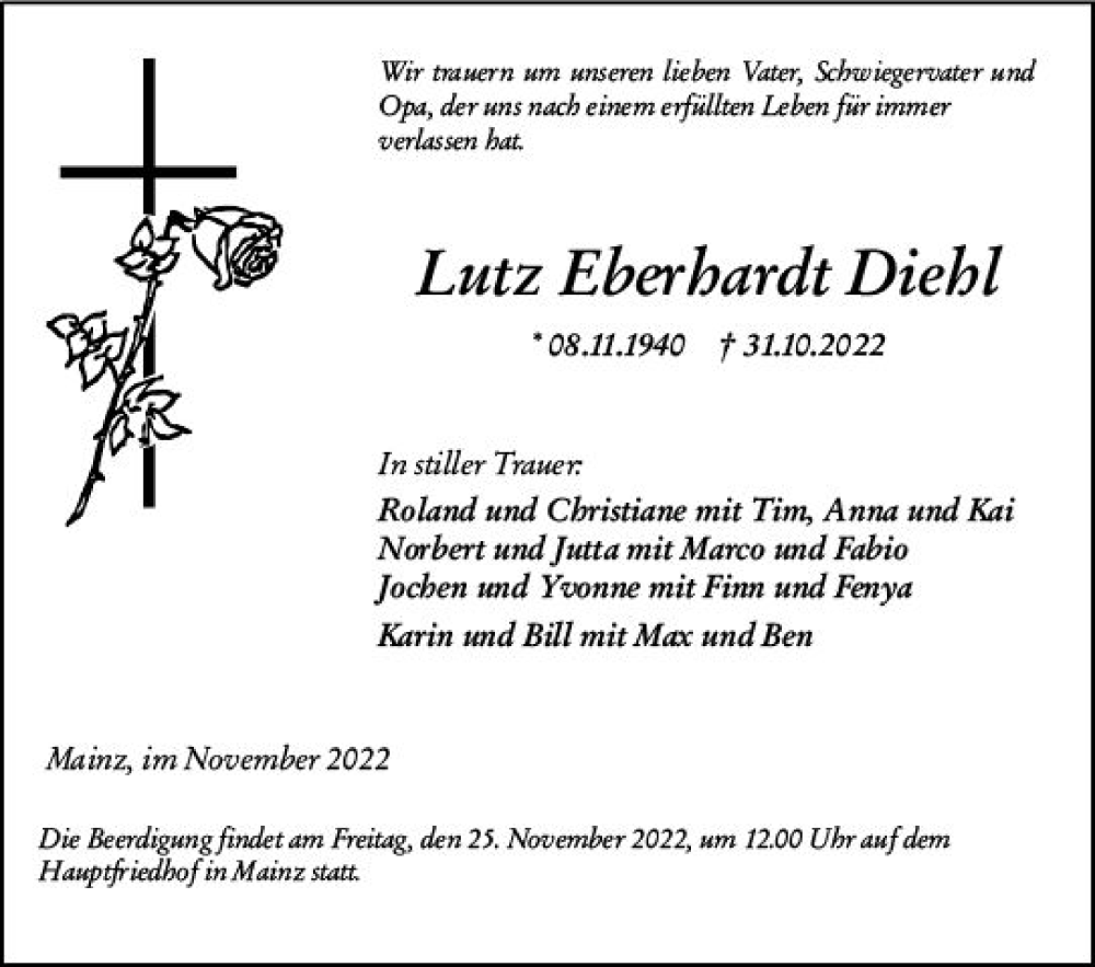  Traueranzeige für Lutz Eberhardt Diehl vom 23.11.2022 aus vrm-trauer AZ Mainz