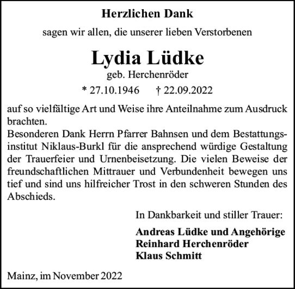  Traueranzeige für Lydia Lüdke vom 12.11.2022 aus vrm-trauer AZ Mainz