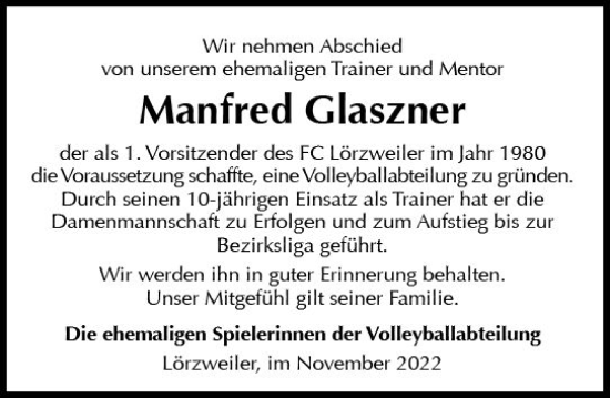 Traueranzeige von Manfred Glaszner von vrm-trauer AZ Mainz