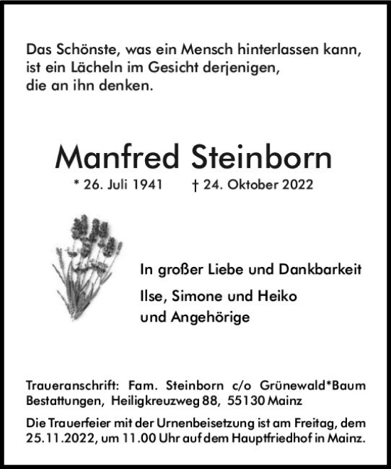 Traueranzeige von Manfred Steinborn von vrm-trauer AZ Mainz
