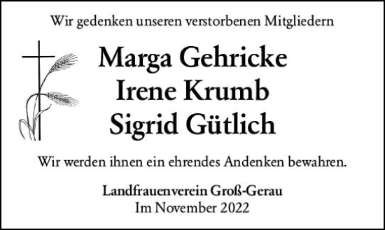 Traueranzeige von Marga Gehricke von vrm-trauer Groß-Gerauer Echo