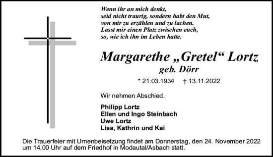 Traueranzeige von Margarethe Lortz von vrm-trauer Darmstädter Echo
