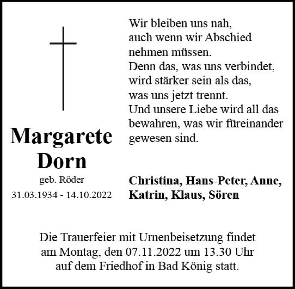  Traueranzeige für Margarete  Dorn vom 05.11.2022 aus vrm-trauer Odenwälder Echo