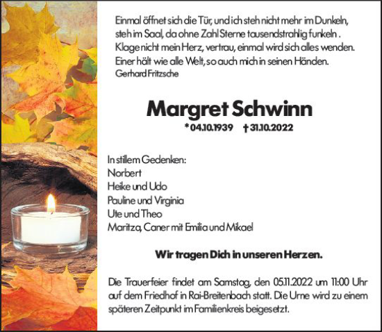 Traueranzeige von Margret Schwinn von vrm-trauer Odenwälder Echo