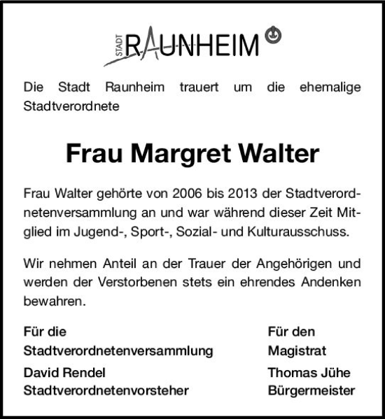 Traueranzeige von Margret Walter von vrm-trauer Rüsselsheimer Echo / MainSpitze