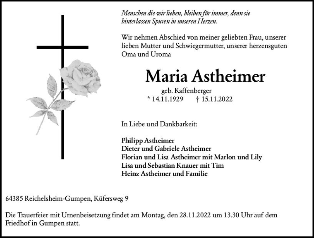  Traueranzeige für Maria Astheimer vom 26.11.2022 aus vrm-trauer Odenwälder Echo