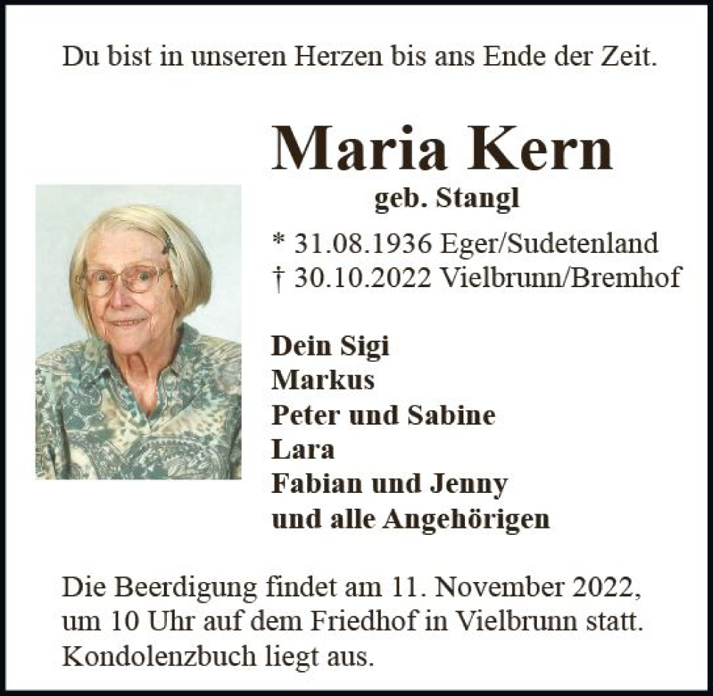  Traueranzeige für Maria Kern vom 05.11.2022 aus vrm-trauer Odenwälder Echo