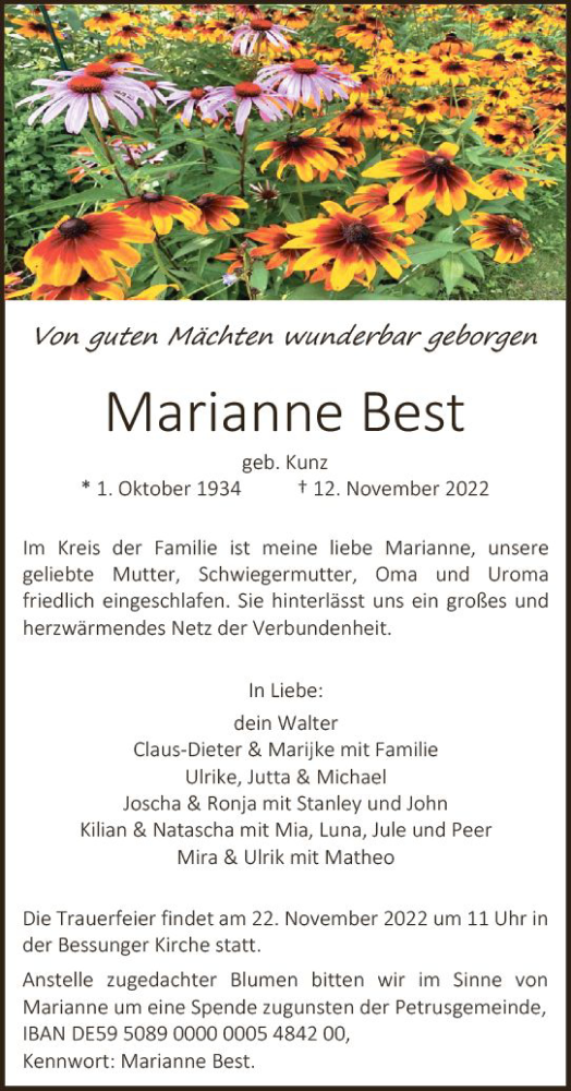 Traueranzeige für Marianne Best vom 19.11.2022 aus vrm-trauer Darmstädter Echo