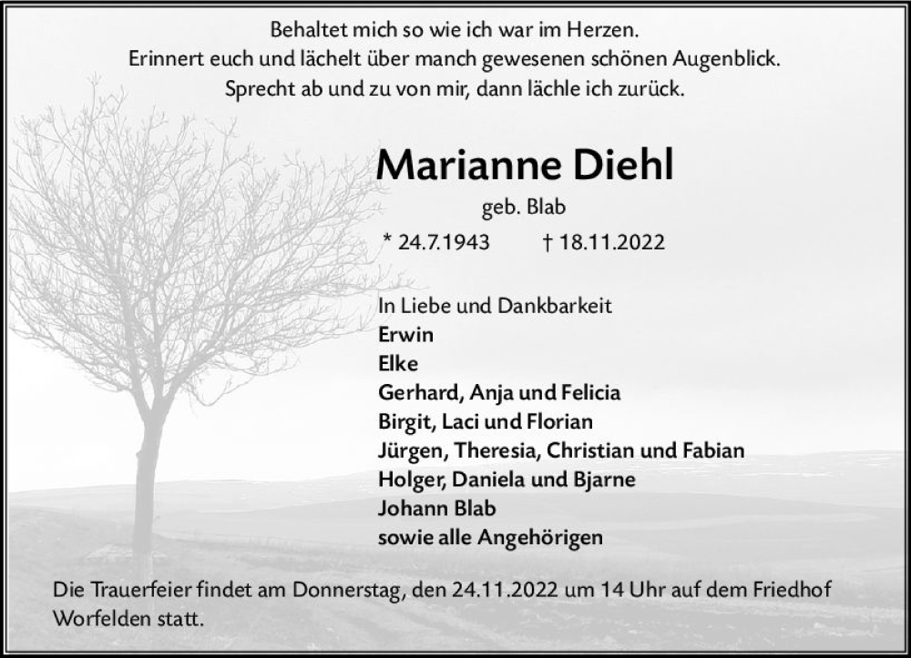  Traueranzeige für Marianne Diehl vom 22.11.2022 aus vrm-trauer Groß-Gerauer Echo