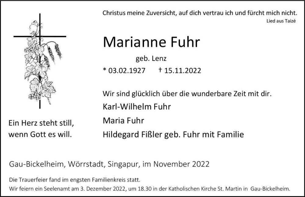  Traueranzeige für Marianne Fuhr vom 26.11.2022 aus vrm-trauer Allgemeine Zeitung Alzey