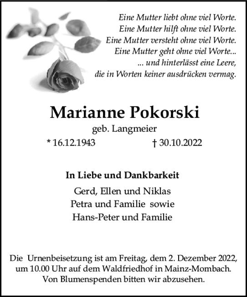  Traueranzeige für Marianne Pokorski vom 19.11.2022 aus vrm-trauer AZ Mainz