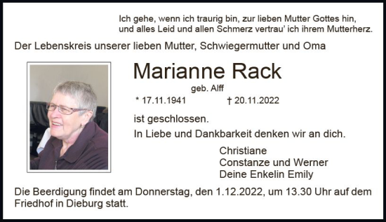 Traueranzeige von Marianne Rack von vrm-trauer DieburgerAnzeiger/Groß-Zimmerner Lokala