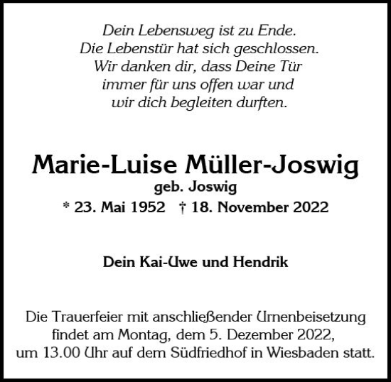 Traueranzeige von Marie-Luise Müller-Joswig von vrm-trauer Wiesbadener Kurier