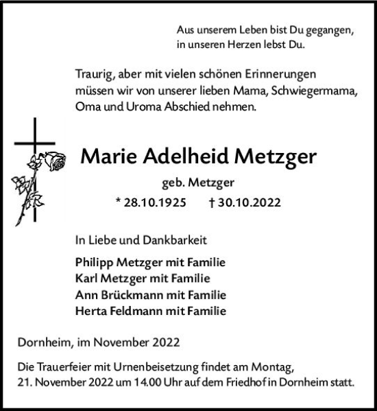 Traueranzeige von Marie Adelheid Metzger von vrm-trauer Groß-Gerauer Echo