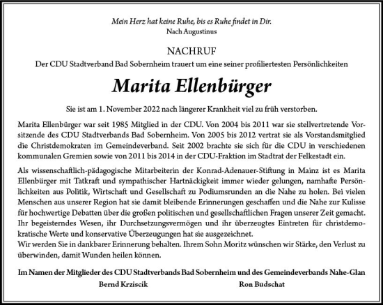 Traueranzeige von Marita Ellenbürger von vrm-trauer Allg. Zeitung Bad Kreuznach