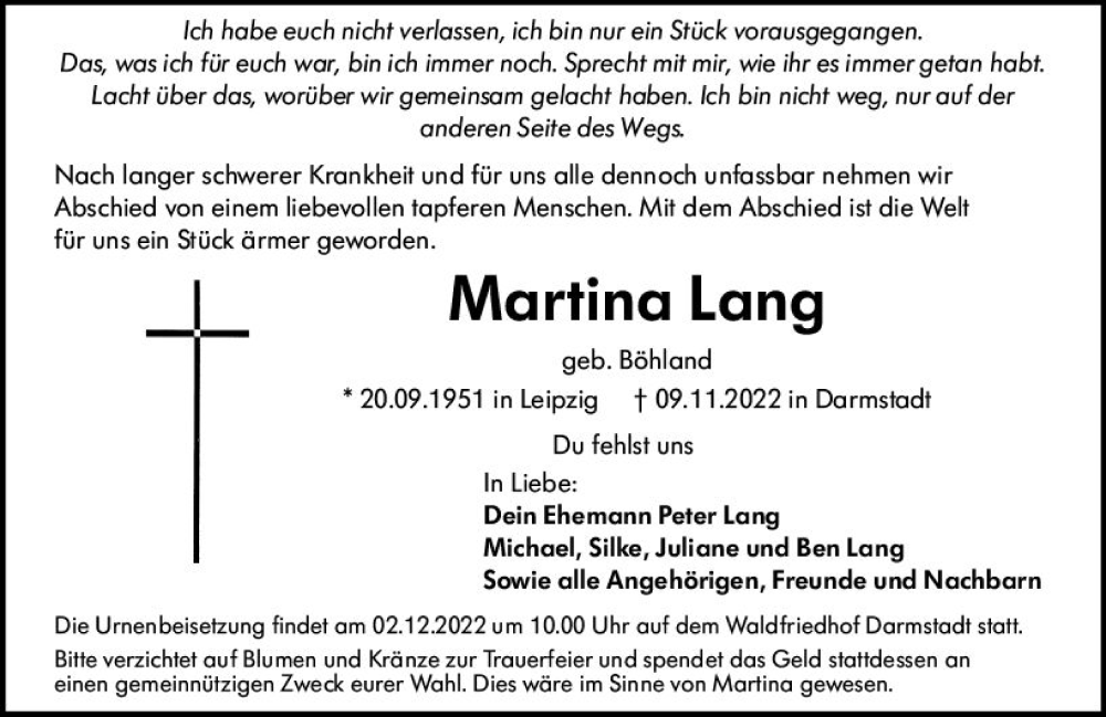  Traueranzeige für Martina Lang vom 26.11.2022 aus vrm-trauer Darmstädter Echo